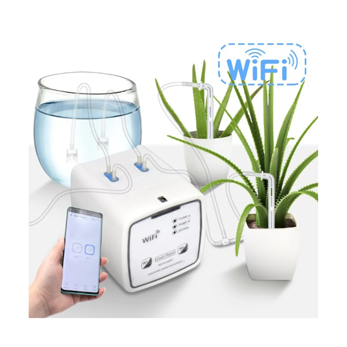 Wifi Control Watering Device Automatic Water Drip Irrigation Watering System Kit Mobile APP Control-Double Pump 15 Pots