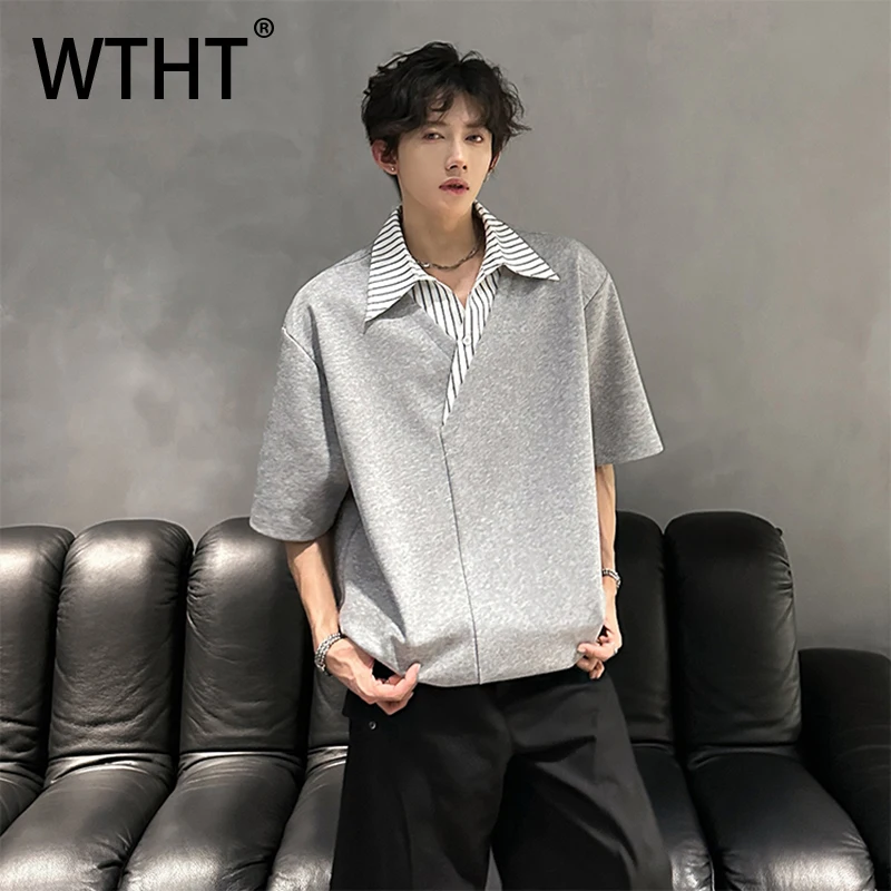 

WTHT Trendy Men's Spliced Striped Fake Two-pieve Design T-shirts Fashion Short Sleeves Loose Casual Tops Male 2025 Summer 2A1299