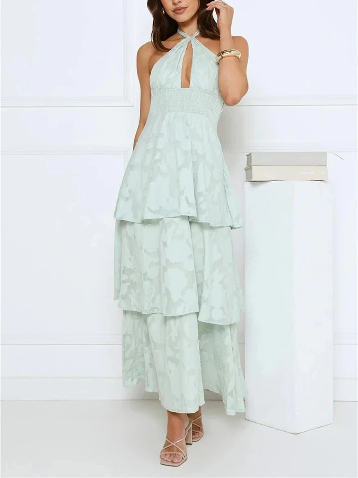 

2026 Summer New Backless Tie Up Dress Sexy Hollow Out French Style Cake Dress Elegant Solid Color High Waist Evening Party Dress