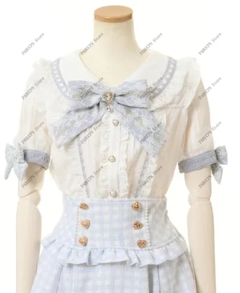 Rojita Style Lace Bow Doll Collar Lolita Shirt Fashion Women's Tops Summer Sweet Rhinestone Bow Slim Short Sleeve Blouses Female