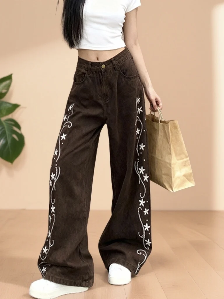

Модные широкие джинсы с высокой талией и вышивкой, женская одежда прямого кроя, повседневная одежда с цветочным узором и растением