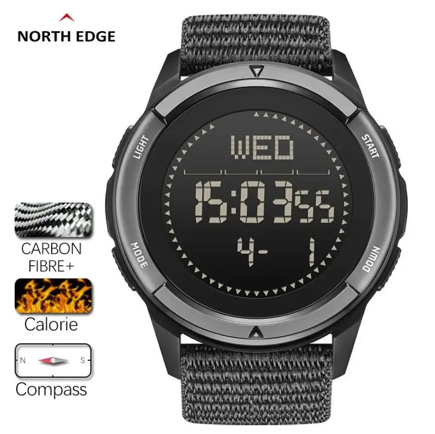 NORTH EDGE Outdoor Sports Watches For Men Metronome Compass Waterproof Carbon Fiber Case Nylon Strap Men Watch Reloj Hombre