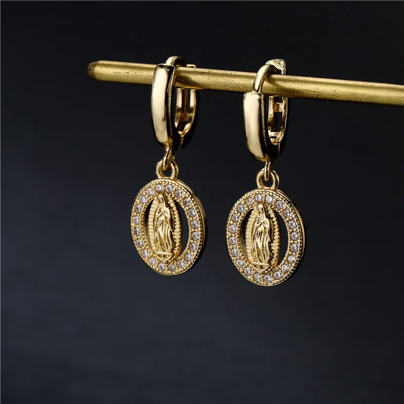 Gold Color Religious Women Drop Earrings, High Quality Virgin Mary Pendant Earrings With CZ Stone,Elegant Jewelry Gift