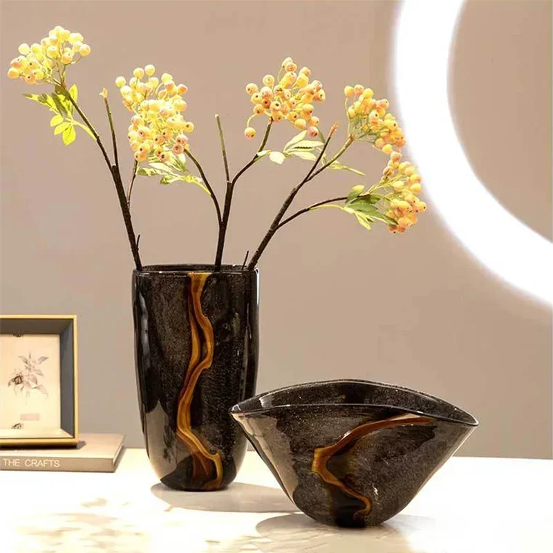 Black Glass Vase Crack Water Ripple Flower Pot Flowerpot Terrarium Home Living Room Decoration Floral Arrangement Accessories