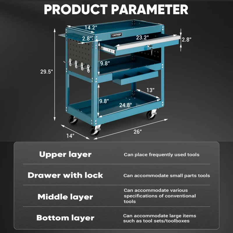 عربة أدوات دوارة من 3 طبقات، عربة أدوات شديدة التحمل بسعة 330 رطل، عربة أدوات الخدمة التجارية الصناعية