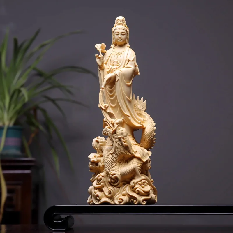 

Kuan Yin Guanyin Cypress Wood Carving Dragon Goddess Statue Home Temple Buddhist Altar Sculpture Decor