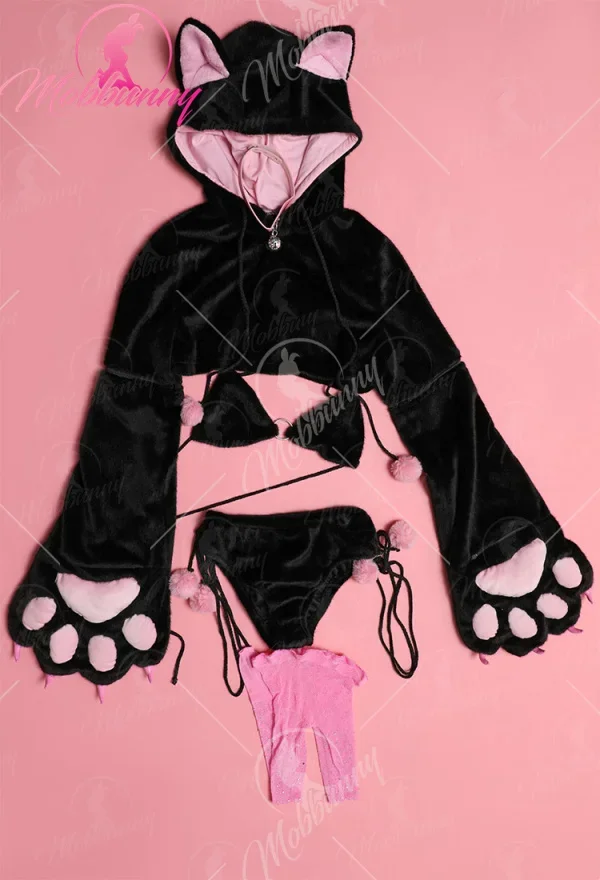 Mobbunny Women Furry Paw Cosplay Costume Sexy Lingerie Set Kawaii Plush Black Cat Style Paw Gloves Hoodie Top and Bra Panty Set