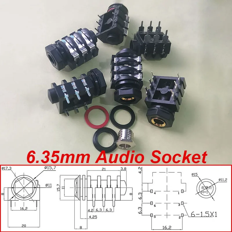 

1/2/5/10PCS 6.35mm Jack 1/4" 6Pin Stereo Female Headphone Socket Audio Plug Microphone Jack PCB Solder Connector Long Short Pin