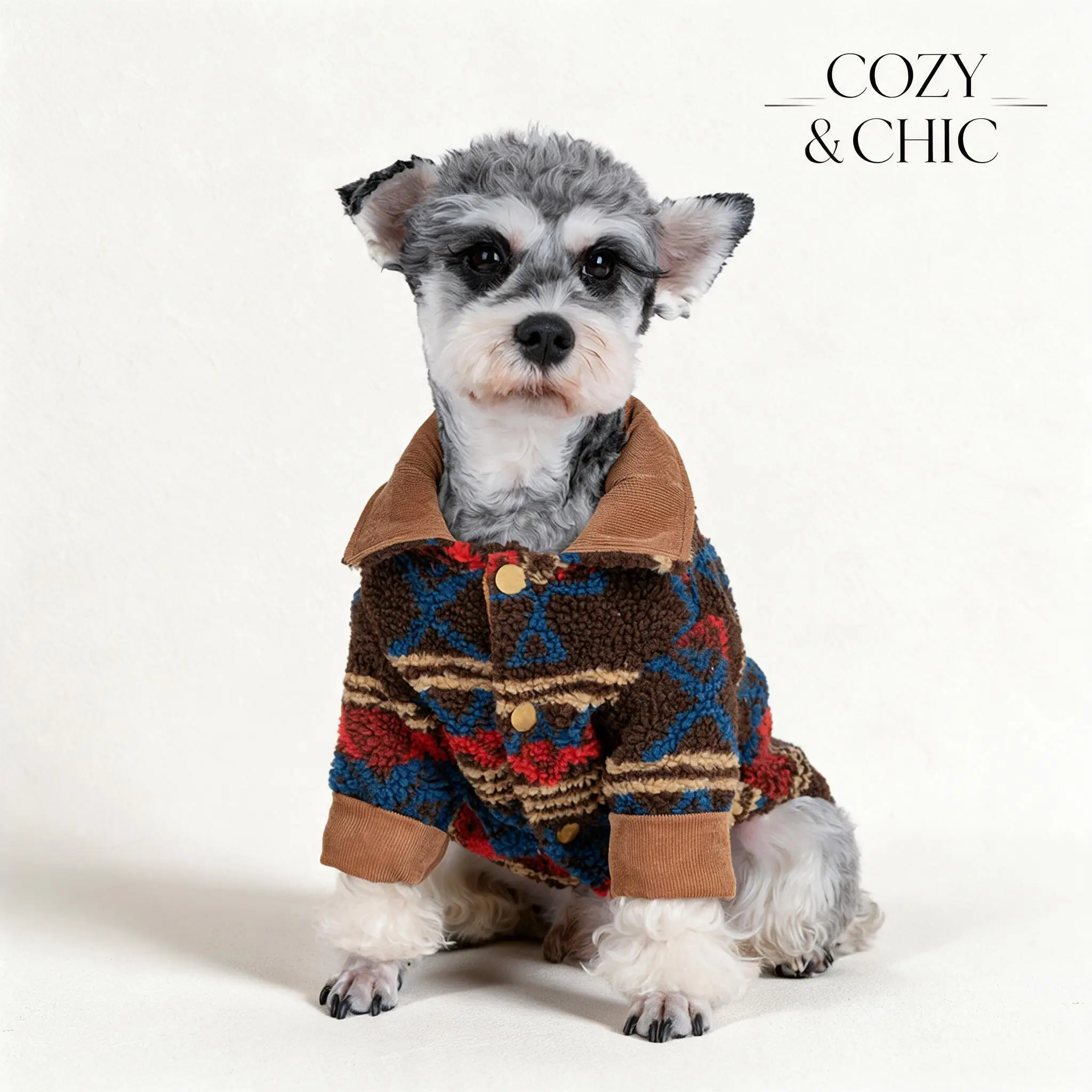 Ethnic Style Sherpa Warm Fall Winter Pet Coat With Corduroy Collar And Cuff For Small Dog Cat Poodle Bichon Schnauzer Pomeranian