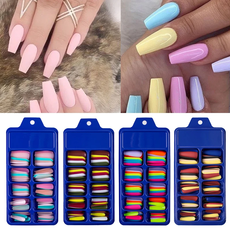 100pcs False Nails Coffin Nude/Light Color Mix Matte Artificial Long Ballerina Fake Nails Full Cover Nail Tips Press on Nails