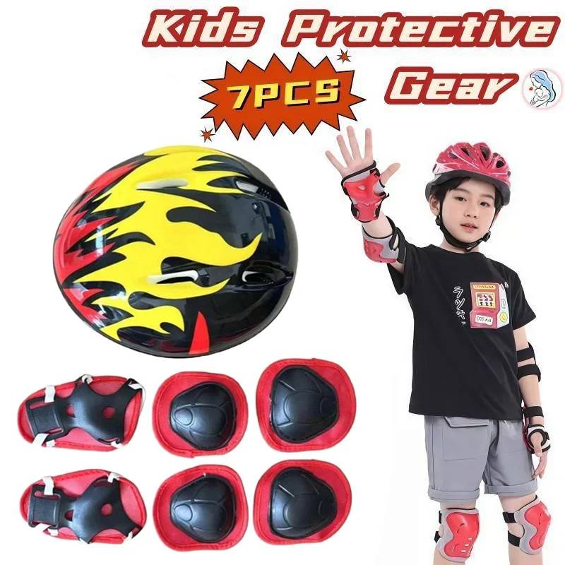 7pcs Kids Pink Flame Protective Gear Set With Impact Resistant Helmet Knee Elbow Wrist Pads For Skating Cycling Skateboarding