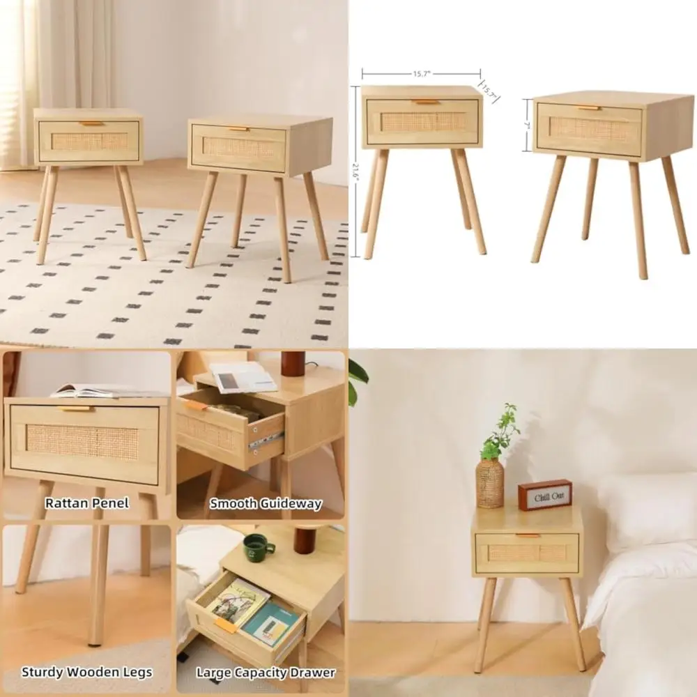 

pair of bohemian rattan nightstands: mid-century modern drawer side tables for bedrooms & dorms