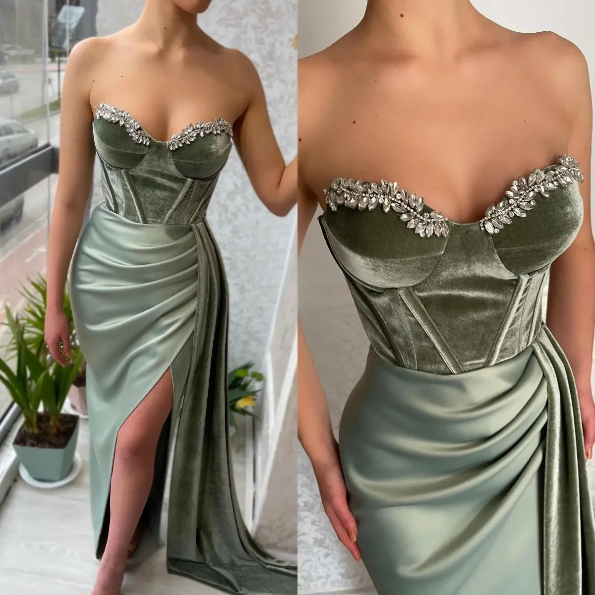 Elegance สีเขียว Mermaid PROM Dresses ดูไบลูกปัดกํามะหยี่ Sweetheart ชุดราตรีจีบเซ็กซี่ชุดพรรคอย่างเป็นทางการที่กําหนดเอง