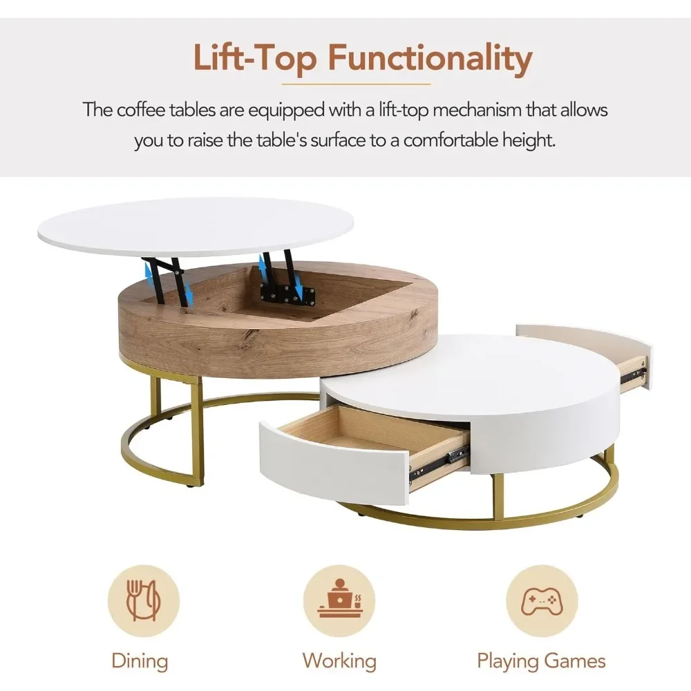 Mesa de centro, mesas de centro niveladas com compartimento de armazenamento e 2 gavetas, mesas redondas de coquetel, mesa central