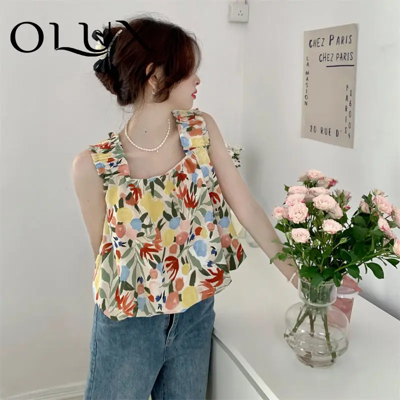 

Femme Summer Korean Fashion Printing Multicolor Square Collar Sleeveless Chiffon Women Clothing All-match Tank Top Short Sleeve