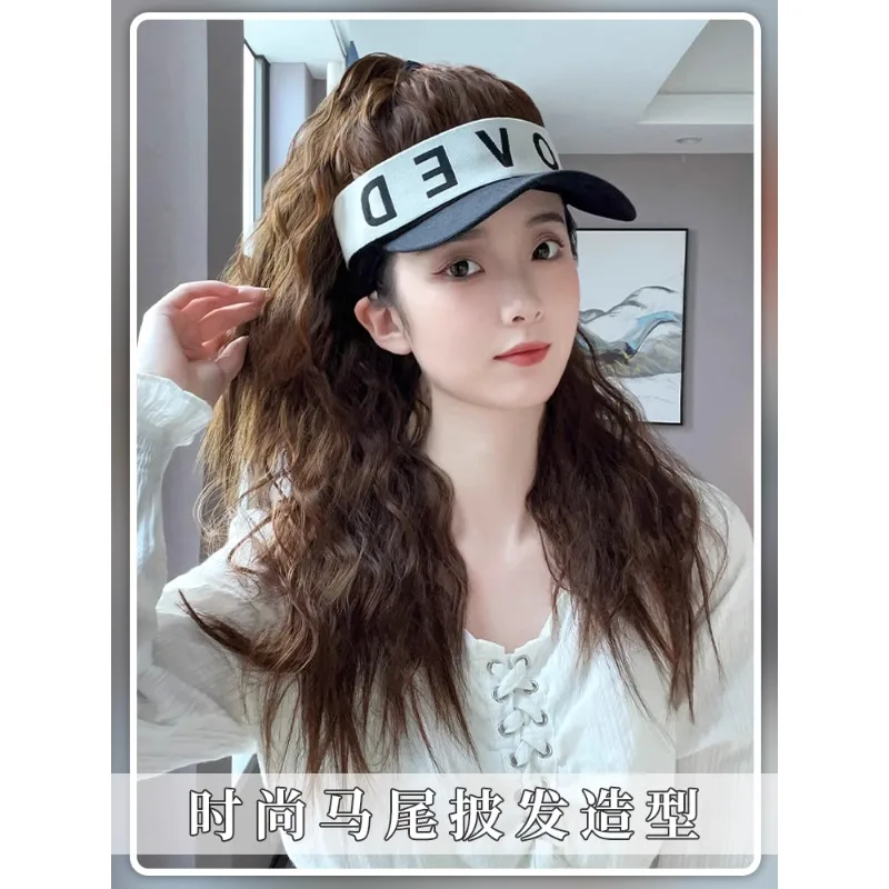 Wig Hat Integrated New Internet Celebrity Sunlight Blocker for Summer Hat Long Hair Ponytail All-Match Corn Curler