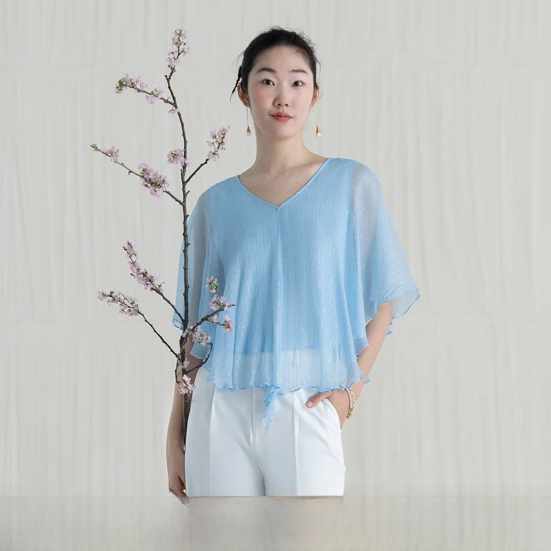 

Женская шелковая блузка с золотой нитью и кружевным подолом, свободного кроя, с V-образным вырезом, однотонная, летняя, модная, с декоративной отделкой слева