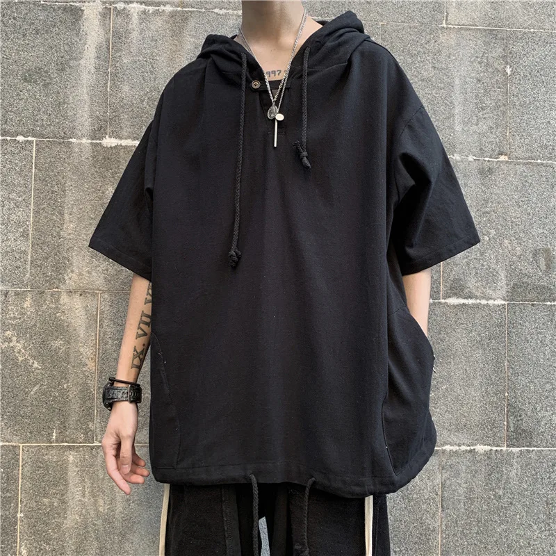Oversized T-shirt Hip Hop.loose Hooded Short Sleeve Tee Versatile Men\'s Clothing Harajuku Solid Color T-shirt Men