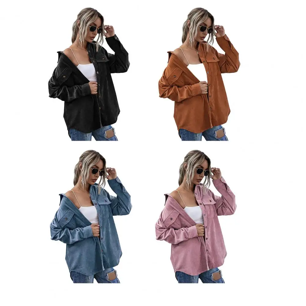 

Spring New Women Solid Corduroy Shirts Jackets Full Sleeve Turn-Down Collar Oversize Coats Casual Autumn Basic Outwear