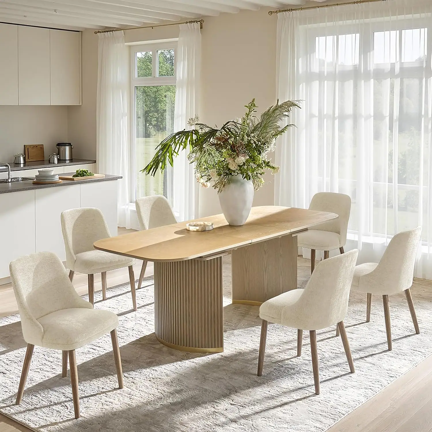 Ivory Fabric Dining Chair Set 6 with Wood Legs & Padded Back, Modern Kitchen Accent Chair for Living Room Bedroom, Customized