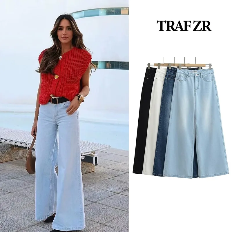 TRAF ZR Women\'s Denim Pants Baggy Jeans Y2k Vintage Flared Wide New Low Waist Rise Oversize Pant Harajuku Fashion Woman Trousers