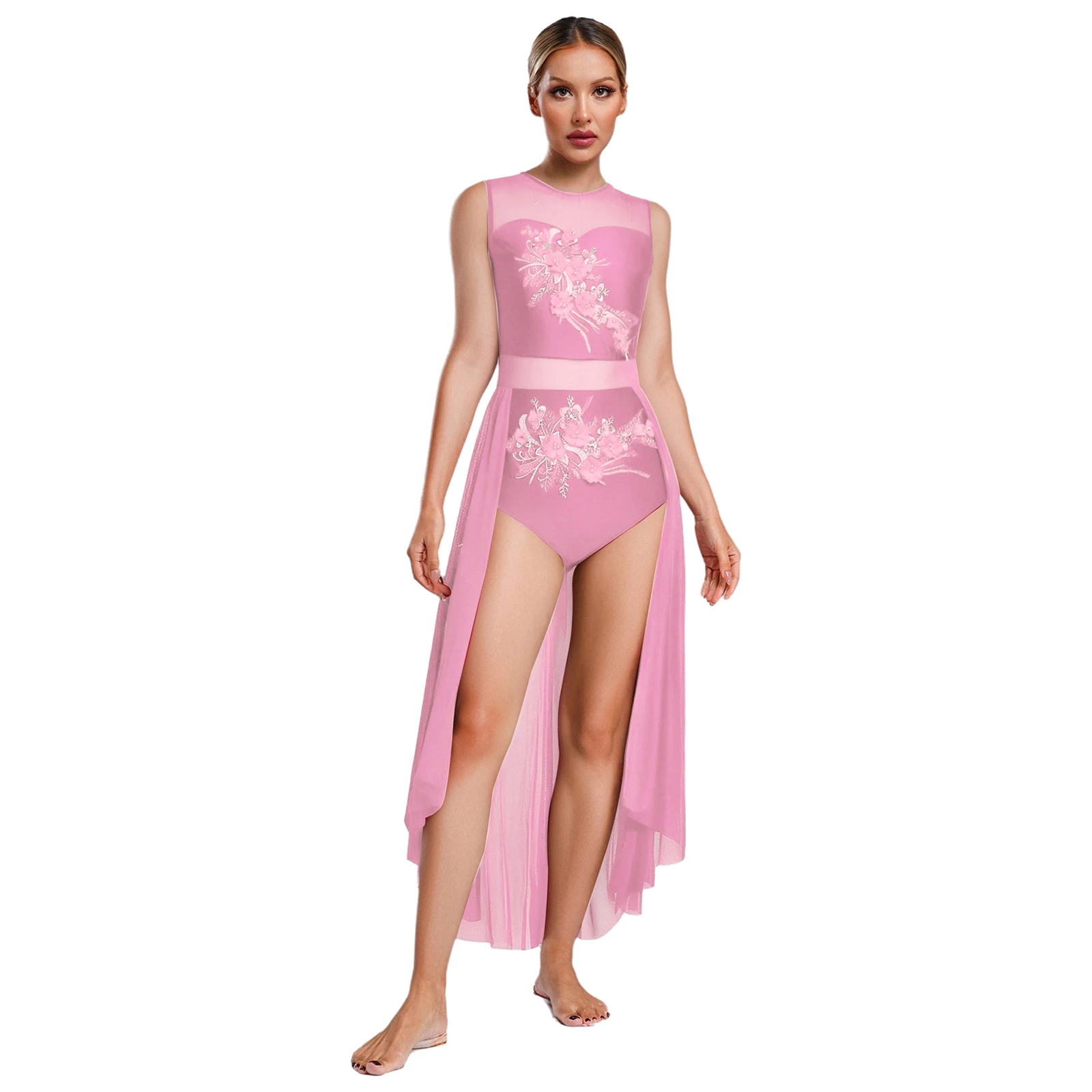 

Women Elegant Ballet Modern Dance Dress Applique Flower Embroidery Overlay Leotard for Modern Contemporary Flowing Dance Dress