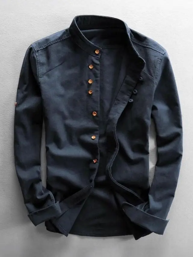 

Модная стильная мужская рубашка с длинным рукавом на пуговицах, с воротником-стойкой, приталенного кроя, повседневная верхняя одежда, дышащая, не требующая глажки, зимняя рубашка