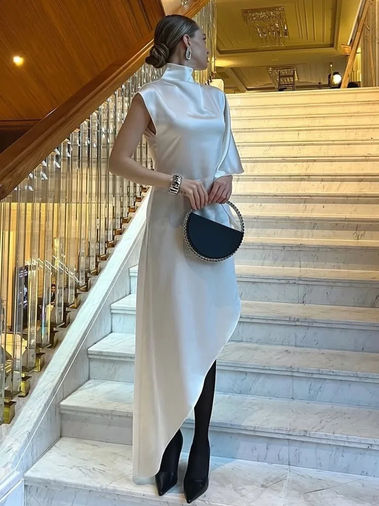 Articat エレガントな半袖サテンボディコン不規則なパーティークラブイブニングドレスの女性のファッションスリムラウンドネック無地ロングドレス