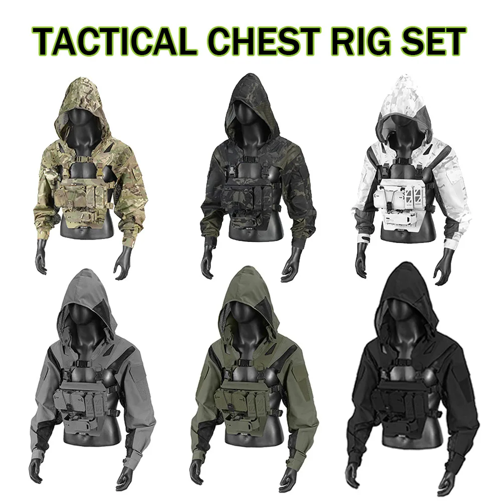 

Lightweight Tactical Chest Rig and Hooded Shirt Combo Set MOLLE Vest with Sleeves for Men Outdoor Training Airsoft CS Gear