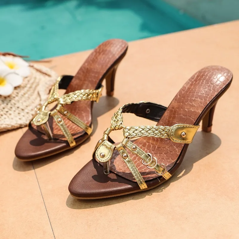 

Women's Sandals Temperament Pointed High Heels Sandals Summer Open-toed Cross-strap Designer Sandals Retro Women's Roman Sandal