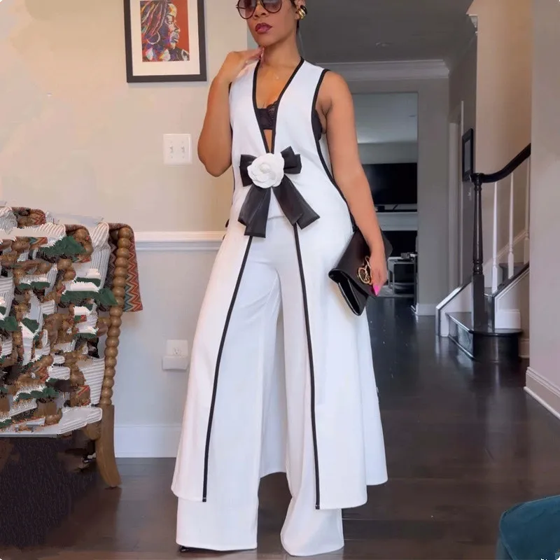 

Элегантный летний женский комплект из двух предметов, пикантный Топ без рукавов с бантом в виде камелии и брюки с широкими штанинами, наряды