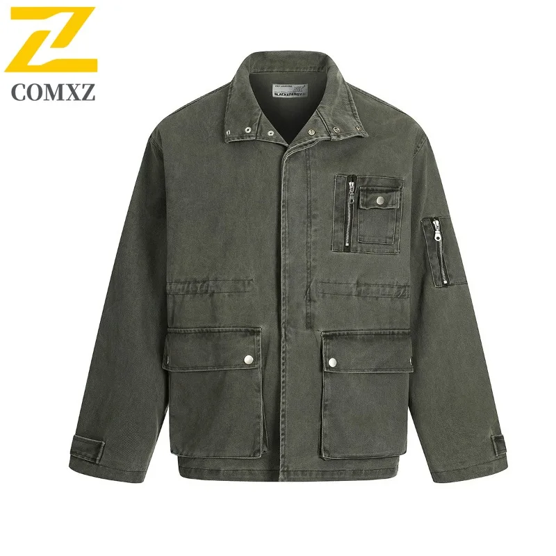 

COMXZ Men Denim Chaqueta Durable Camping Trip New Workwear Look Street Leisure Windbreaker Jacket Fishing Trip Comfort Jackets