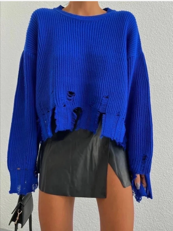 2023 Female Ripped Sweater Women Long Sleeve Solid Knitted Tops Pullovers Sweaters Jumpers