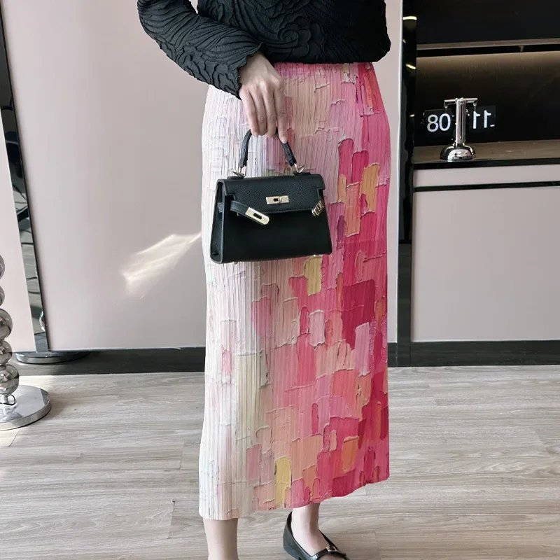 

Miyake Skirt Women's 2024 Spring New Style Gentle and Elegant Printed High-waist Slim High-end Pleated Mid-length Skirt