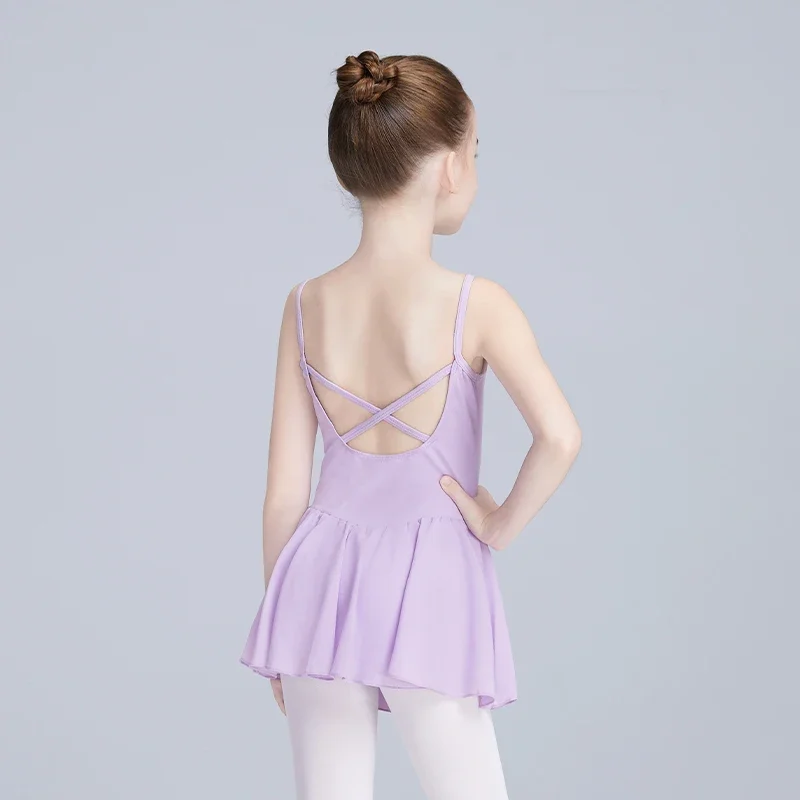 Girls Kids Cotton Lined Suspender Chiffon Skirt With Closed Crotch Dance Dress Sleeveless Cross Strap Dance Wear Leotards