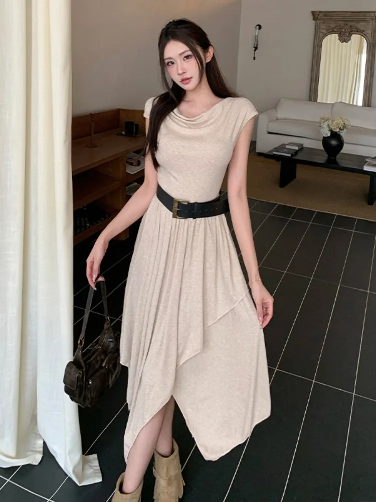 

Commute to Work Halter Neck Design Sense Uneven Belted Dress Women's Summer Beautiful Waist Cinching Slimming Draping Midi Dress