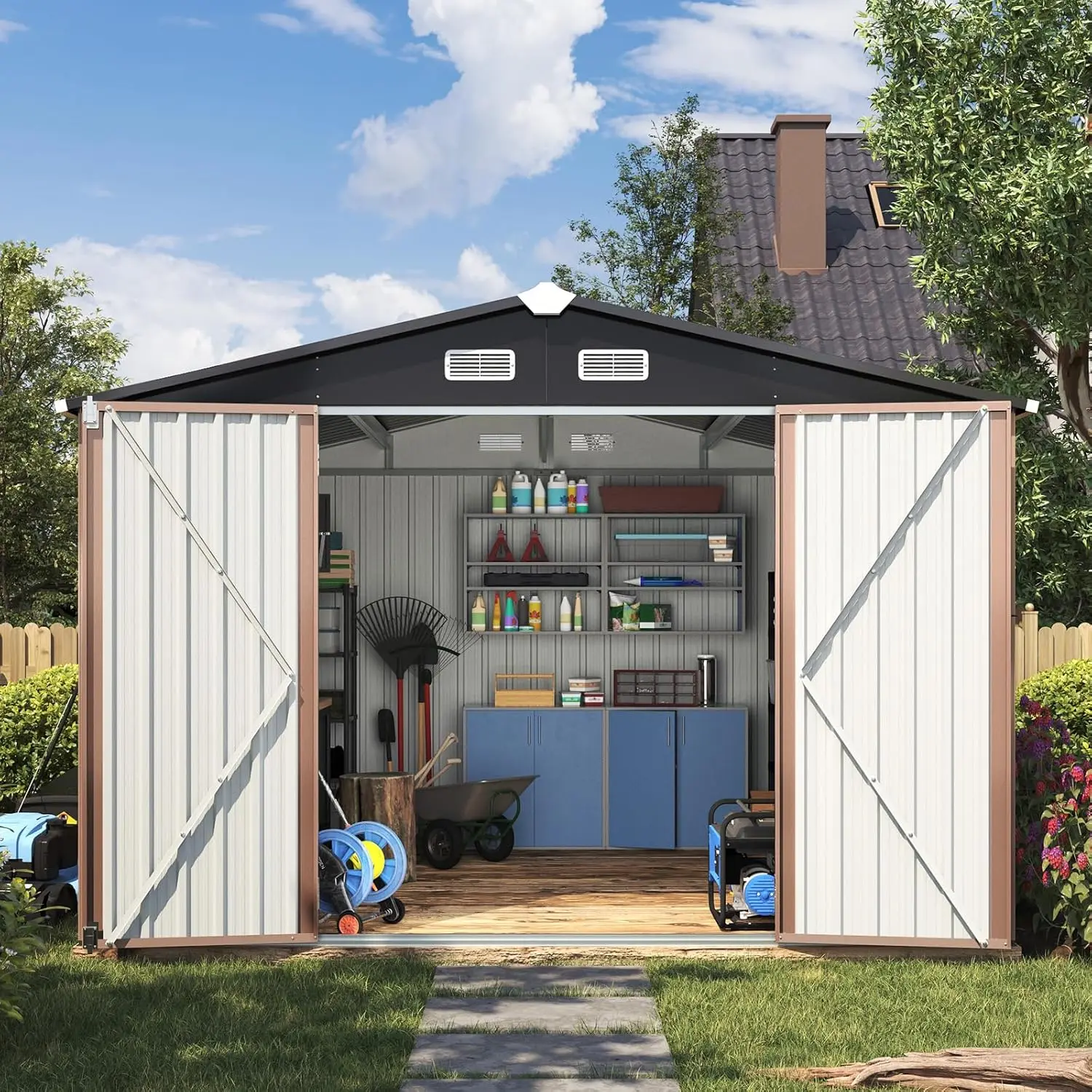 Aoxun 9.5 x 9.5 FT Outdoor Storage Shed with Lockable Door Metal Waterproof Tool Shed Storaging Tool, Bike for Paio, Lawn, Brown