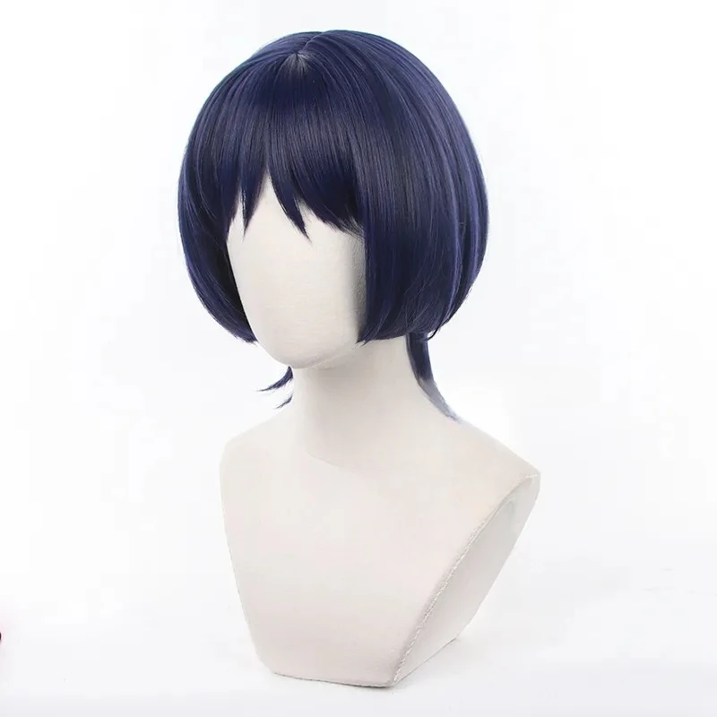 Genshin Wig Cosplay Impact Wanderer pendek campuran biru gelap Wig permainan Wanderer Scaramouch untuk Wig pesta Halloween wanita & Pria