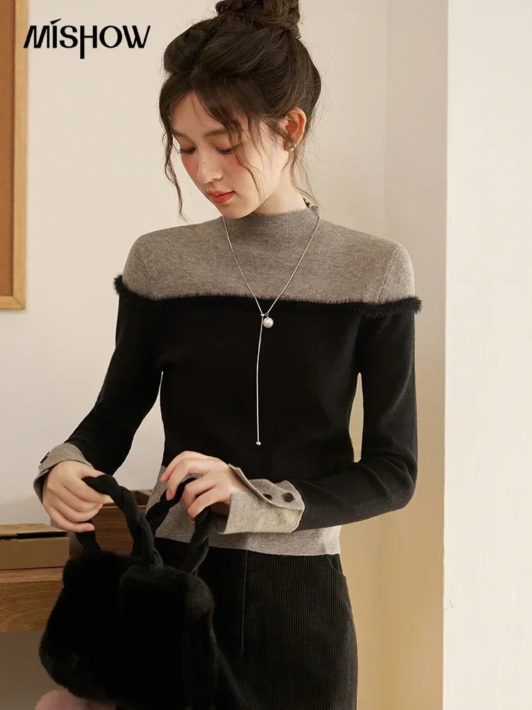 MISHOW Patchwork Wool Sweater for Women Autumn Retro Gentle Mock Neck Pullover Fake Two-piece Office Lady Tops MXC51Z0222