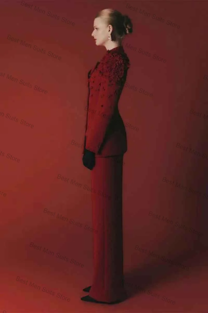 الأحمر المرأة البدلة فستان أطفال مع سروال داخلي 2 قطعة السترة + بنطلون زهرة زين مكتب رسمي سترة مخصصة الزفاف البدلات الرسمية معطف القطن #2