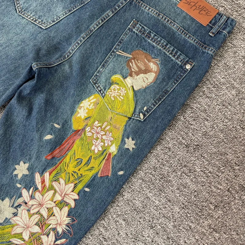 Heavy Industry Japanese Kimono Fairy Embroidery Print Pattern High Quality Derschutze Jeans Casual Fashion Pants