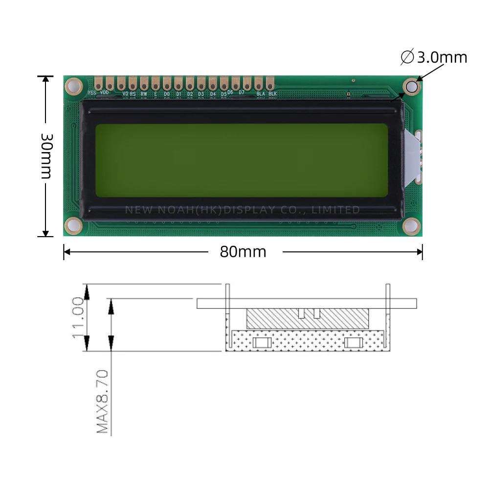 유럽 옐로우 그린 필름 LCD 문자 화면, 1602W 풀 앵글 와이드 온도 범위, 2X16 LCD STN 하이 프레임, 12mm ST7066U