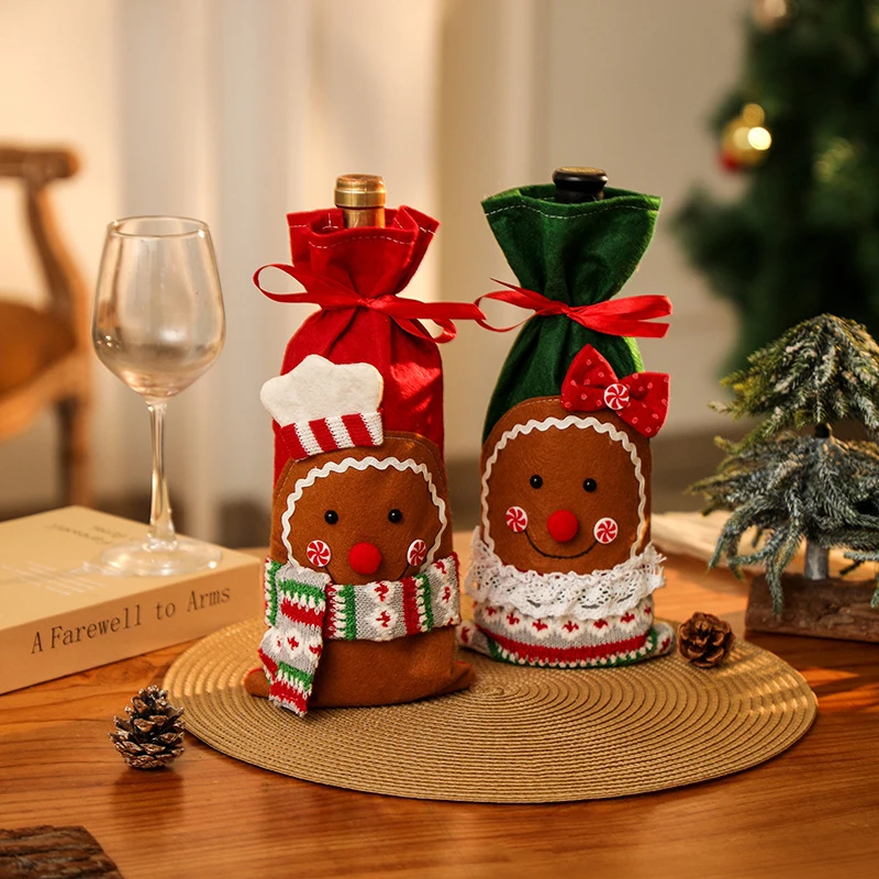 Creative Christmas Poinsettia Gingerbread Man Knitted Stereo Wine Bottle Bag Festive Party Decor Wine Bottle Covers Xmas Gift