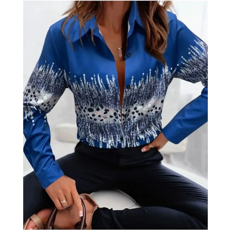 New high-end women\'s long sleeved shirt button Christmas snowflake printed collar elegant shirt for women in spring and autumn