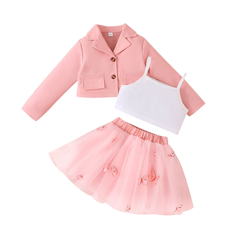 

3-7 Year Old Autumn Children Clothing Baby Girls Suits Sleeveless Tank and Butterfly Print Tulle Skirt Long Sleeve Coat 3Pcs Set