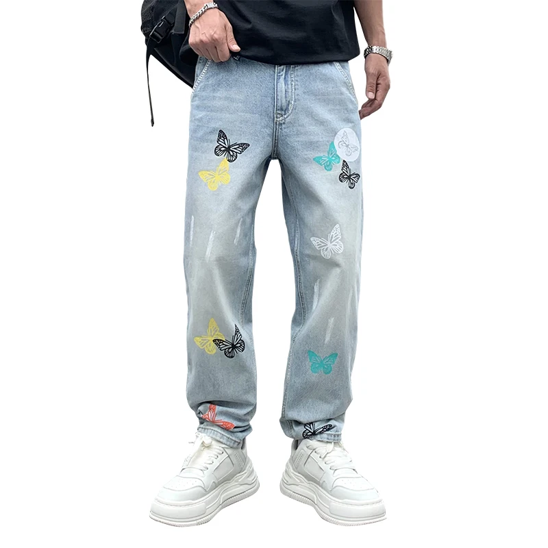 American High Street Fashionable Butterfly Print Summer Denim Men'S Straight Tube Loose And Versatile Washed Casual Denim Pants