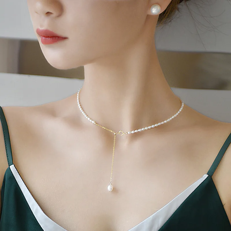 

3-4mm Rice Shape Freshwater Pearl Necklaces for Women 36cm 7cm Extend Chain Adjustable Collarbone Necklaces