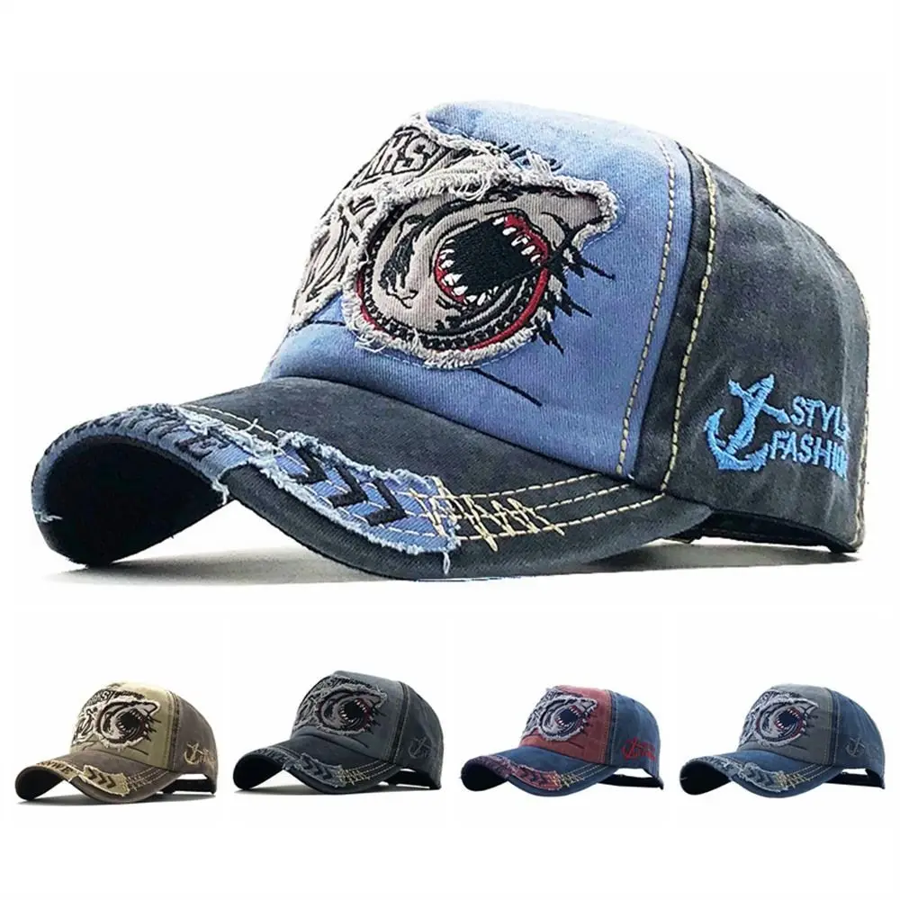 Fashion Embroidered Shark Baseball Cap Animal Sunproof Snapback Hat Washed Cotton Truck Cap Streetwear