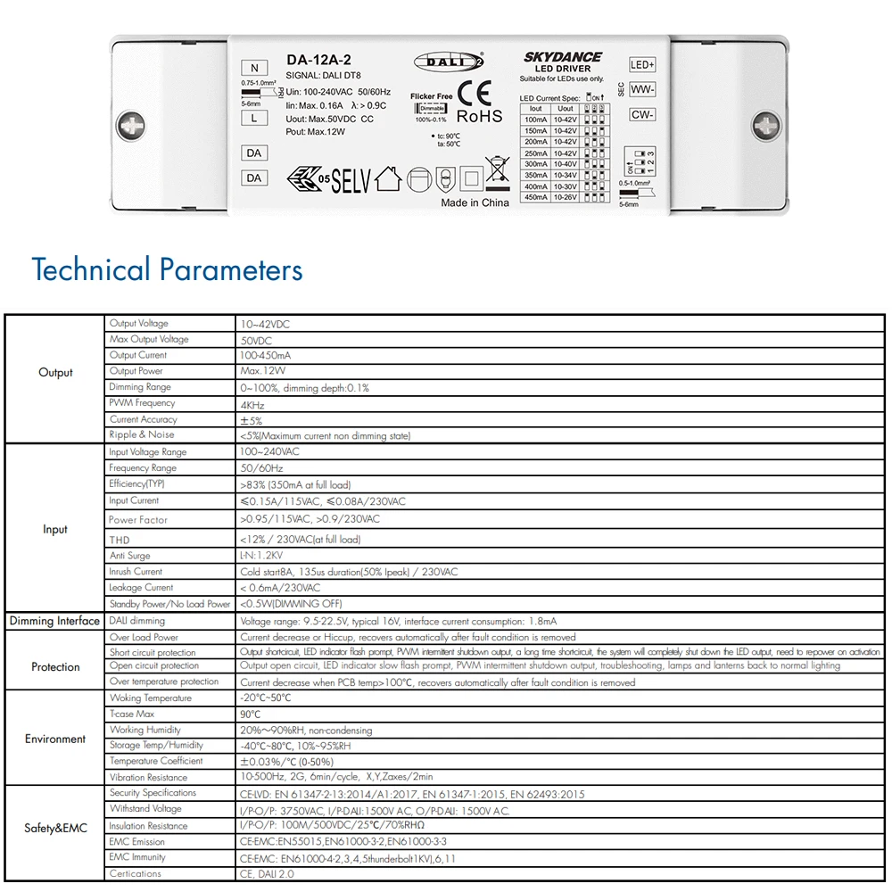 12W DT8 DALI CCT Sterownik LED Możliwość przyciemniania Zasilacz Obsługa DALI-2 Tryb ściemniania PWM Cyfrowe ściemnianie do kolorowej lampy LED CCT