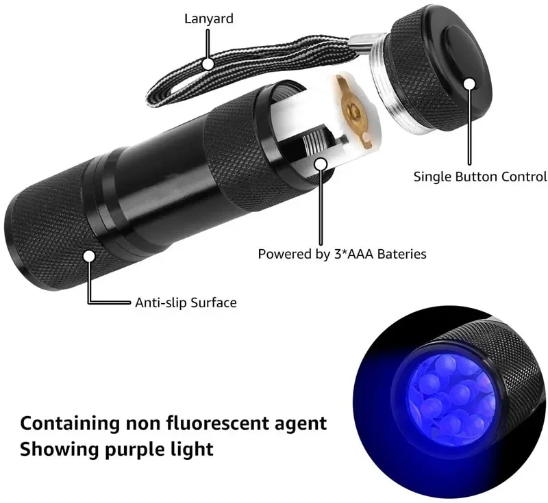 紫外線ミニUVペット懐中電灯、置物検出器、目に見えないインクマーカー、検出ライト、ランタン使用3aaaランタン、9 LED 395nm